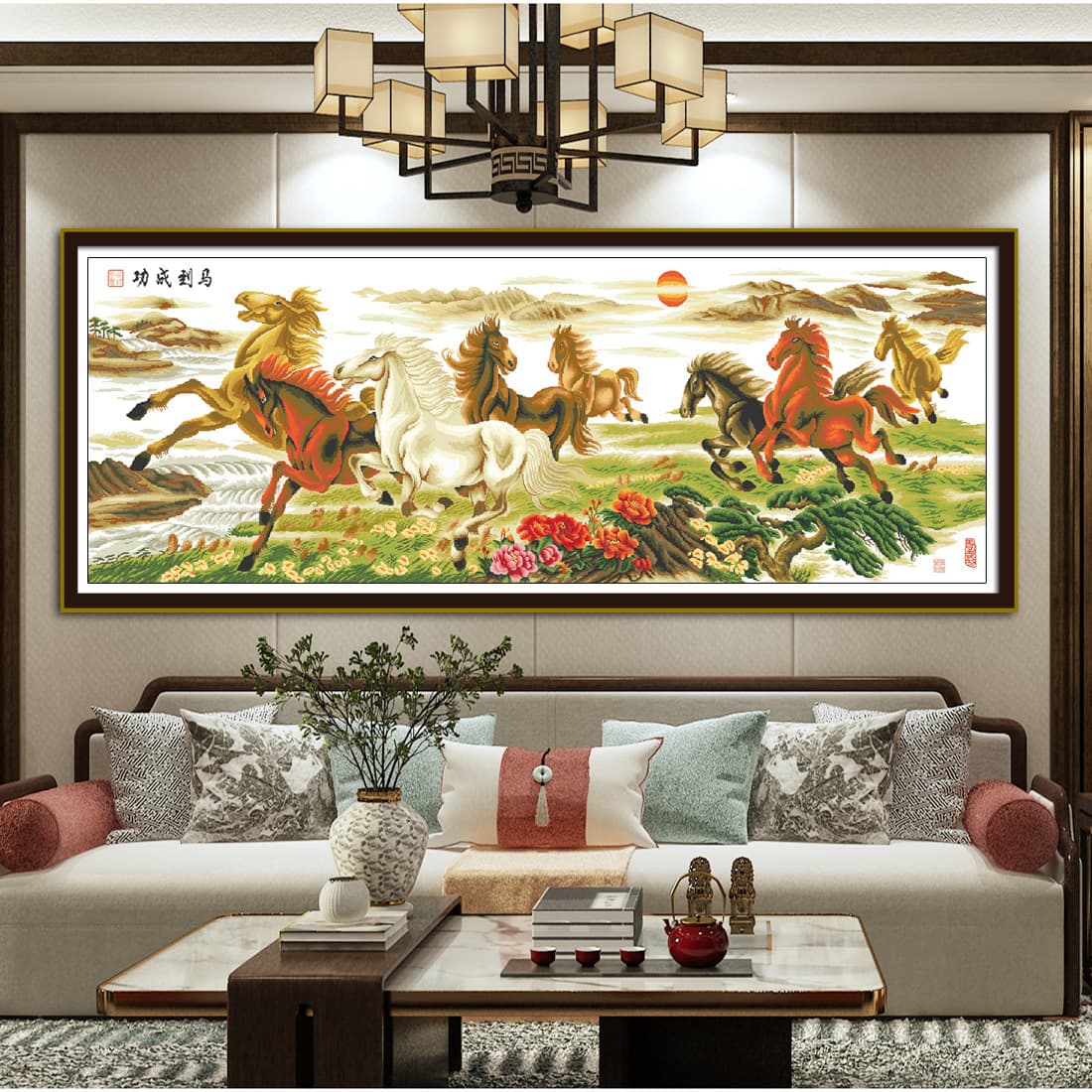 Hot-Selling Eight Horses Cross-Stitch Large Painting for Living Room, Featuring the Eight Magnificent Galloping Horses for Success, Handmade Embroidery