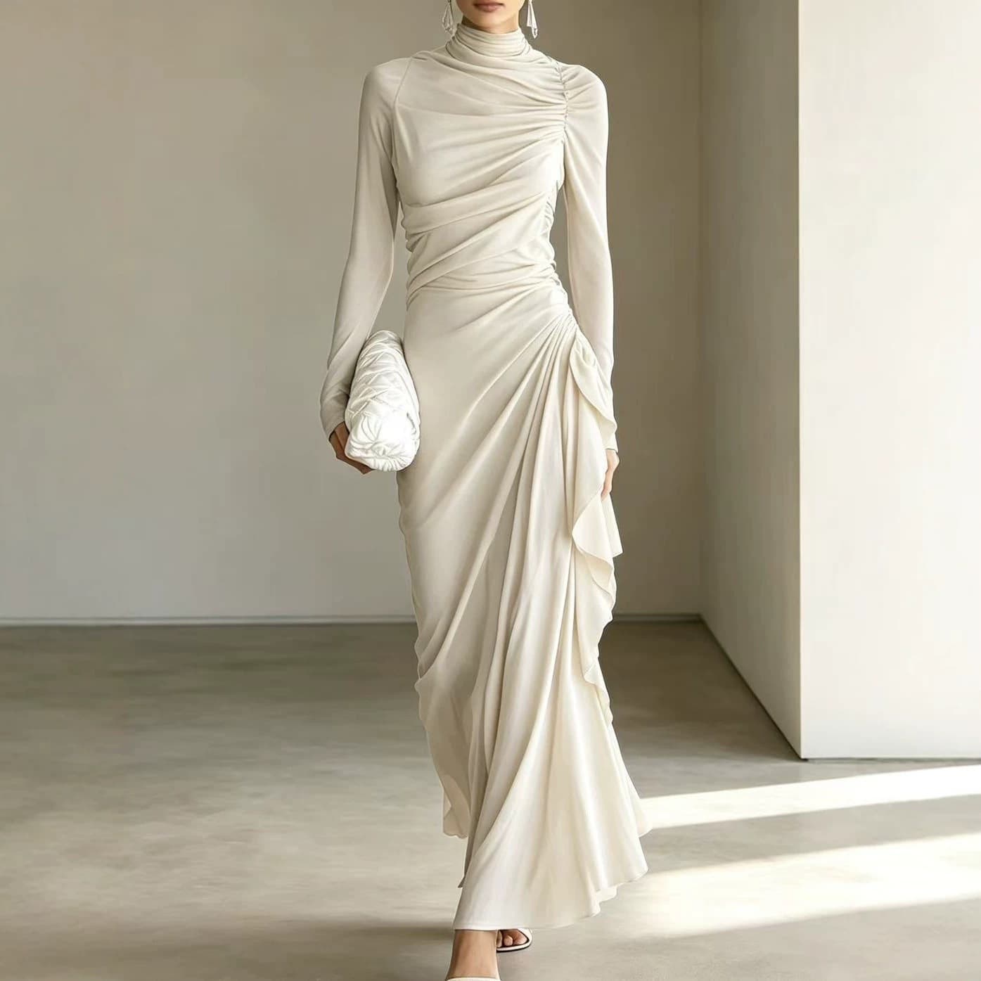 2026 European and American cross-border autumn new women's clothing half-high collar pleated temperament long-sleeved dress