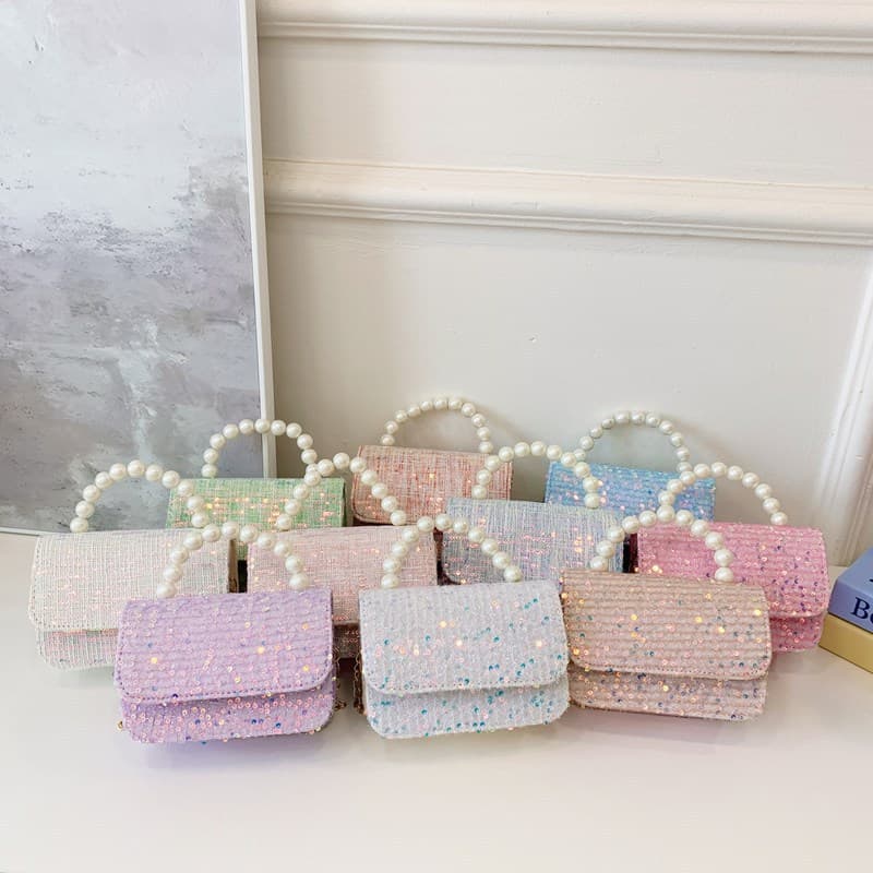 Trendy New Chanel-style Pearl Handheld Children's Bag, Kindergarten Kids' Sequin Crossbody Bag, Naked Bag Manufacturer Wholesale