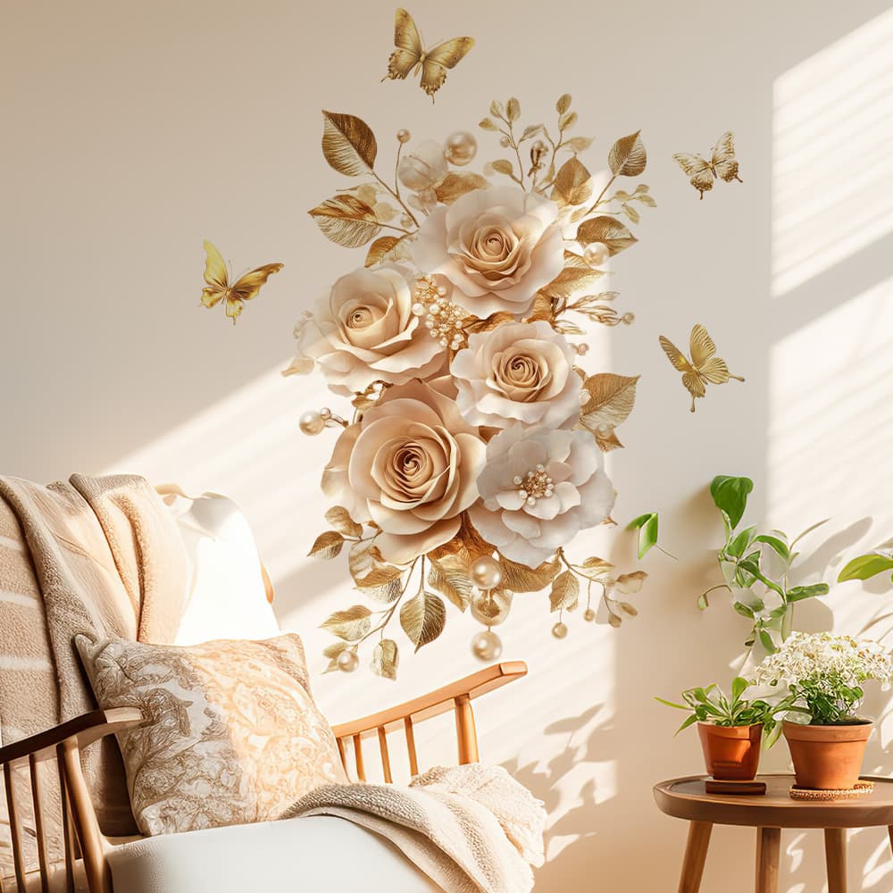Aike DD3495 Simple New Gold Floral Ambiance Wall Sticker Self-Adhesive Decal for Room Hallway Wall Decoration