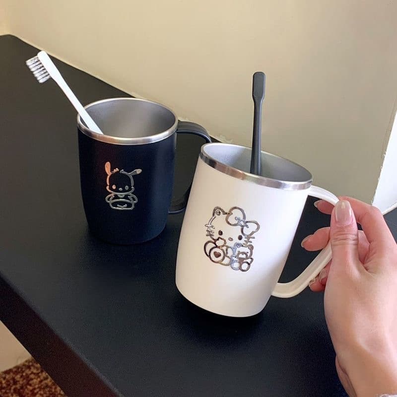 Japanese Style 304 Stainless Steel Bathroom Cup, Mold-Proof Toothbrushing Water Cup with Handle, Family of Three Minimalist Cute Instagram