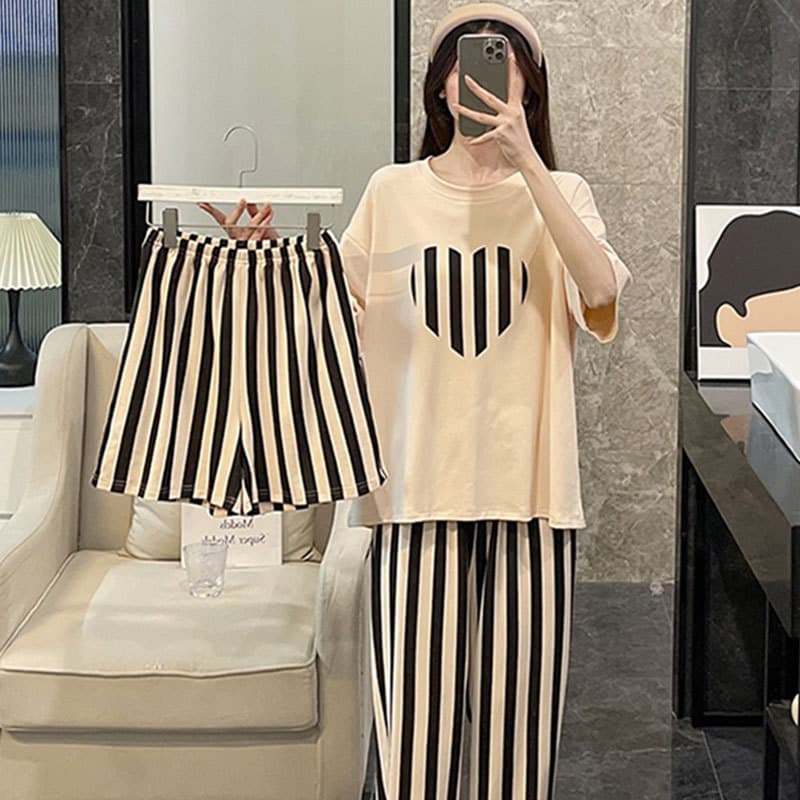 Women's Summer Short Sleeve Short and Long Pants Round Neck Cotton-Like Striped High-End Casual Homewear Outdoor Wear Three-Piece Set
