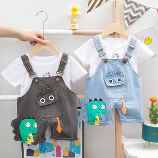 2021 Summer Korean Style Kids Boys Girls Dinosaur Strap Short Sleeve Two-Piece Set Cute Children's Outfit Trendy