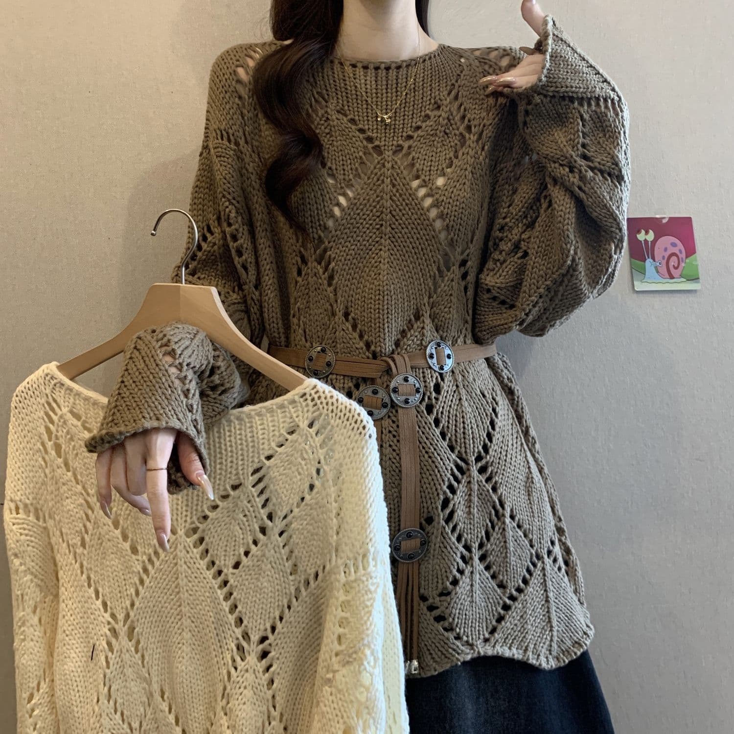 Diamond Crochet Lace Hem Knit Sweater for Women, New Autumn Design with Waist-Cinching Slim Effect
