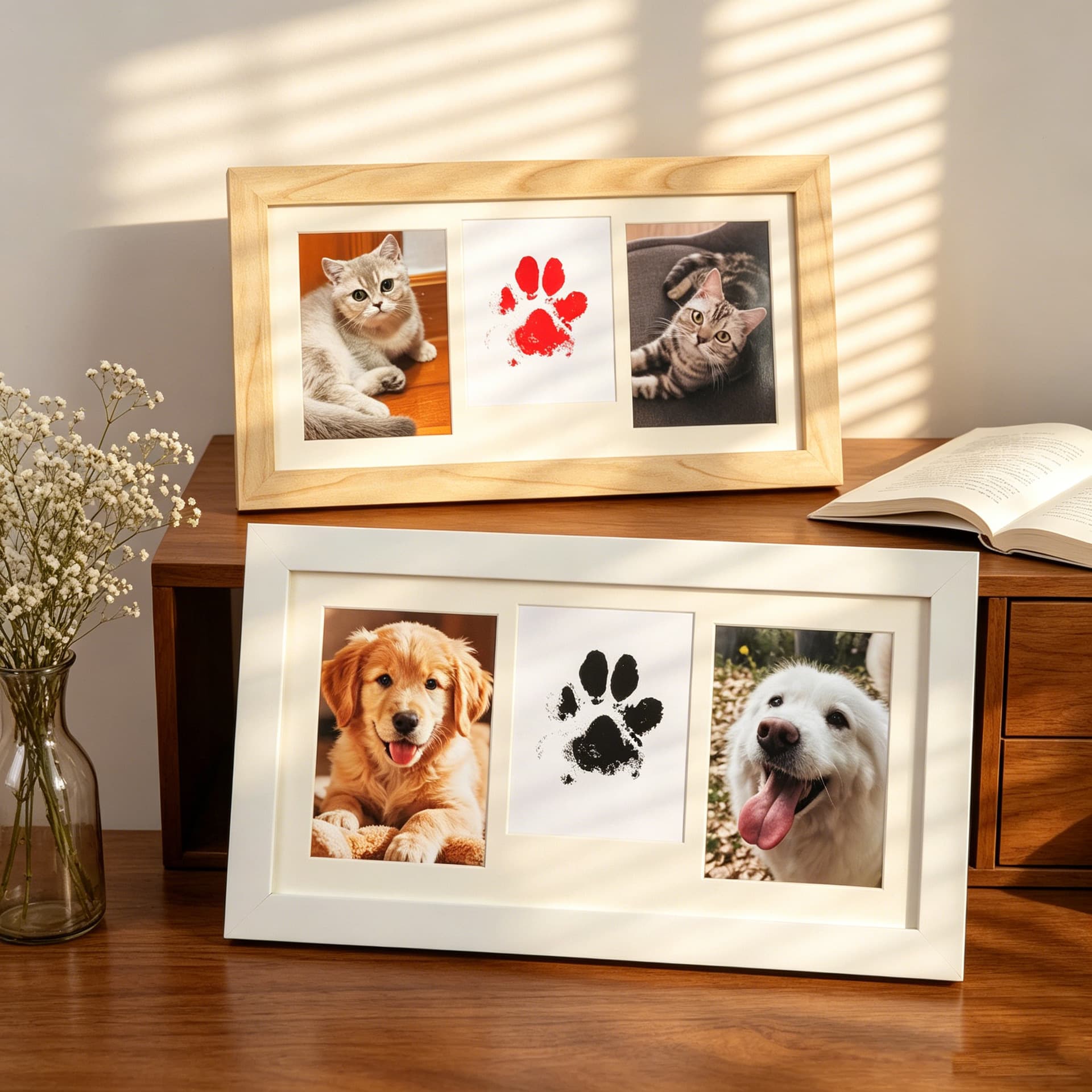 Cross-Border Baby Hand and Foot Print Photo Frame Pet Cat and Dog DIY Paw Print Clay Commemorative Wooden Picture Frame Display Stand