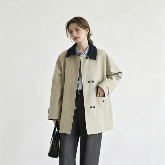 2026 Early Autumn New Barn Style Lyocell Cotton Trench Coat Retro Contrast Color Short Trench Coat