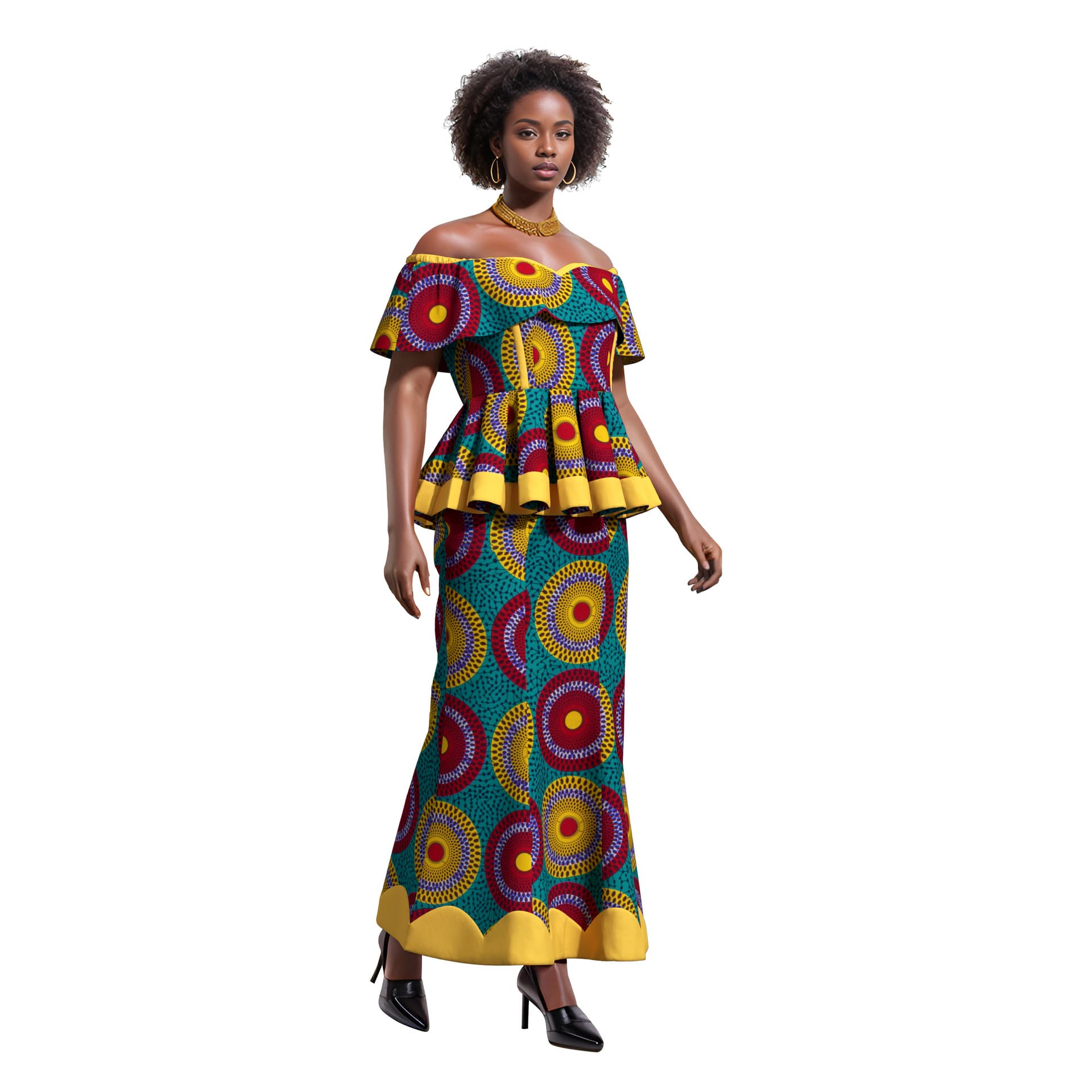 Cross-border supply African design off-shoulder elegant women's short frill top and maxi skirt, drop shipping available.
