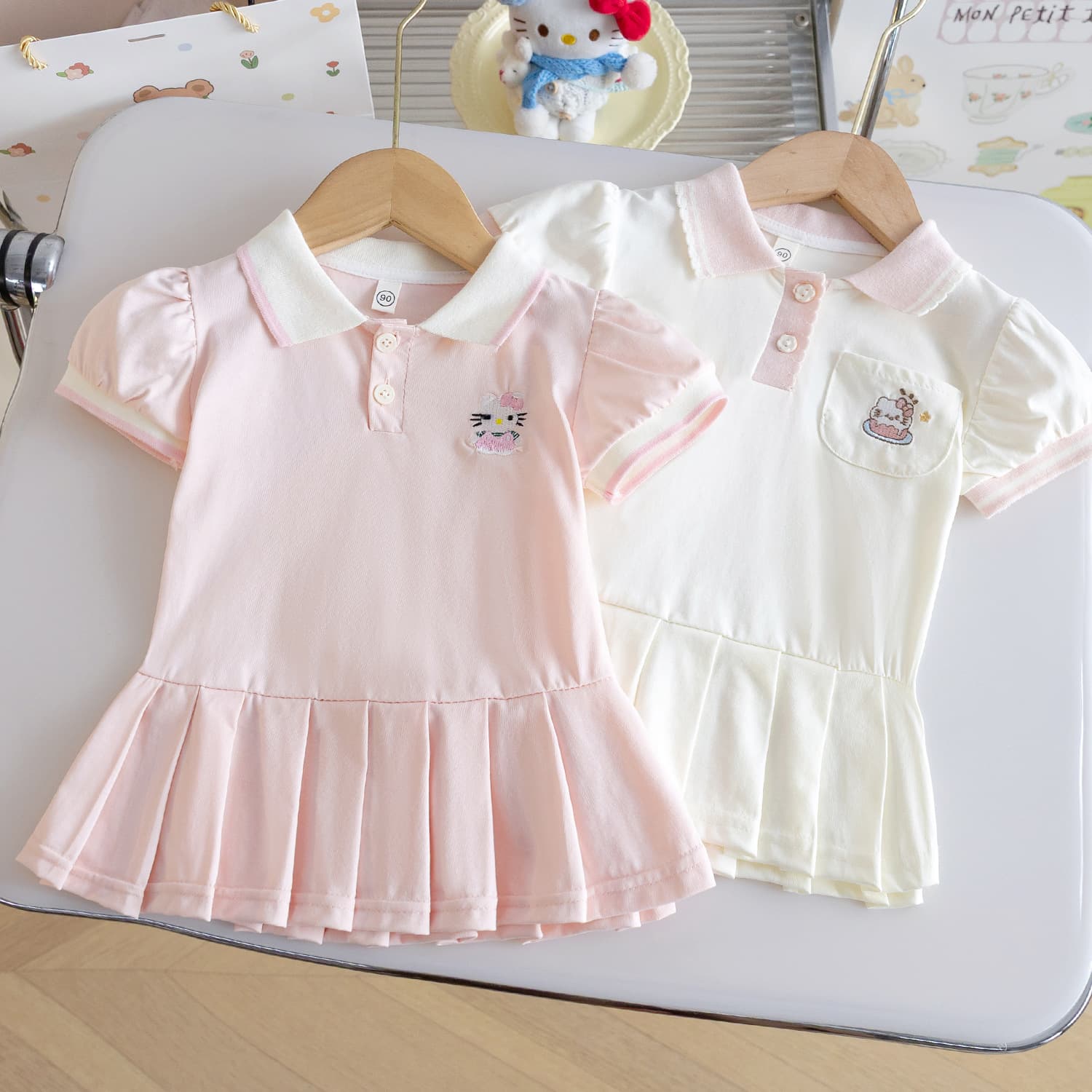 Girls Cartoon Embroidered Dress Cotton Summer New Style Kids Kindergarten School Style Polo Collar Princess Dress