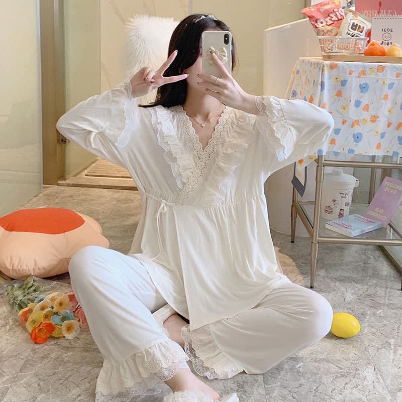 In Stock 2673 Modal Confinement Clothing for Pregnant Women Suit Lactation Pregnancy Loose Pajamas Lace Collar