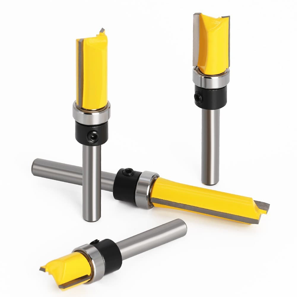 1/4" Shank Flush Trim Router Bit with Bearing, Double Flute Straight Bit, Extended Length
