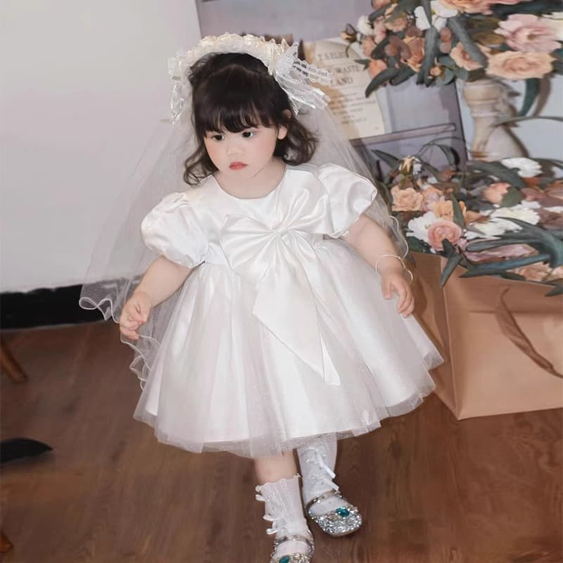 First Birthday Dress Tutu Skirt High-End Elegant Girl's White Satin Princess Dress Wedding Flower Girl Dress