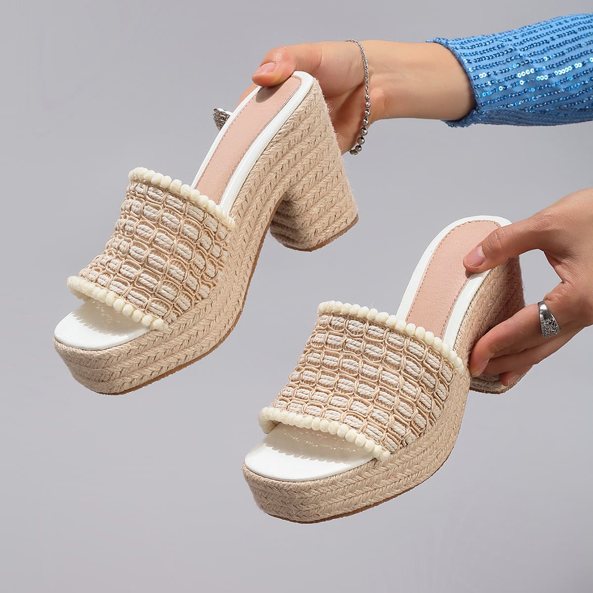 Women's Jute Wedge Heel Sandals Braided Straw Rope One-Strap Summer Platform High Heels Cross-Border European American Style