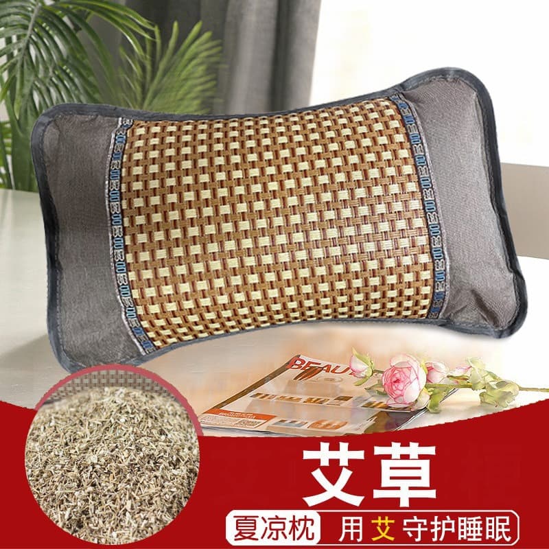 Mugwort Summer Cool Pillow 2025 Summer Woven Vine Herb Home Pillow Core, Ice Silk Rectangle Adult Neck Protection Pillow Removable