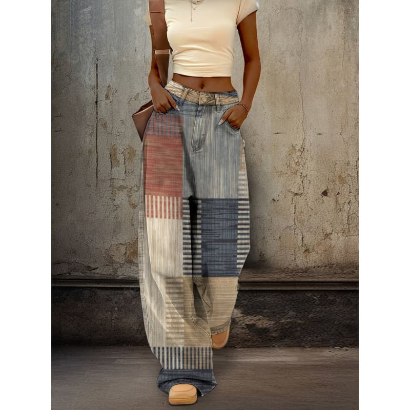 Women's Retro 3D Print Wide-Leg Jeans - Ombre Wash Denim Cross Border