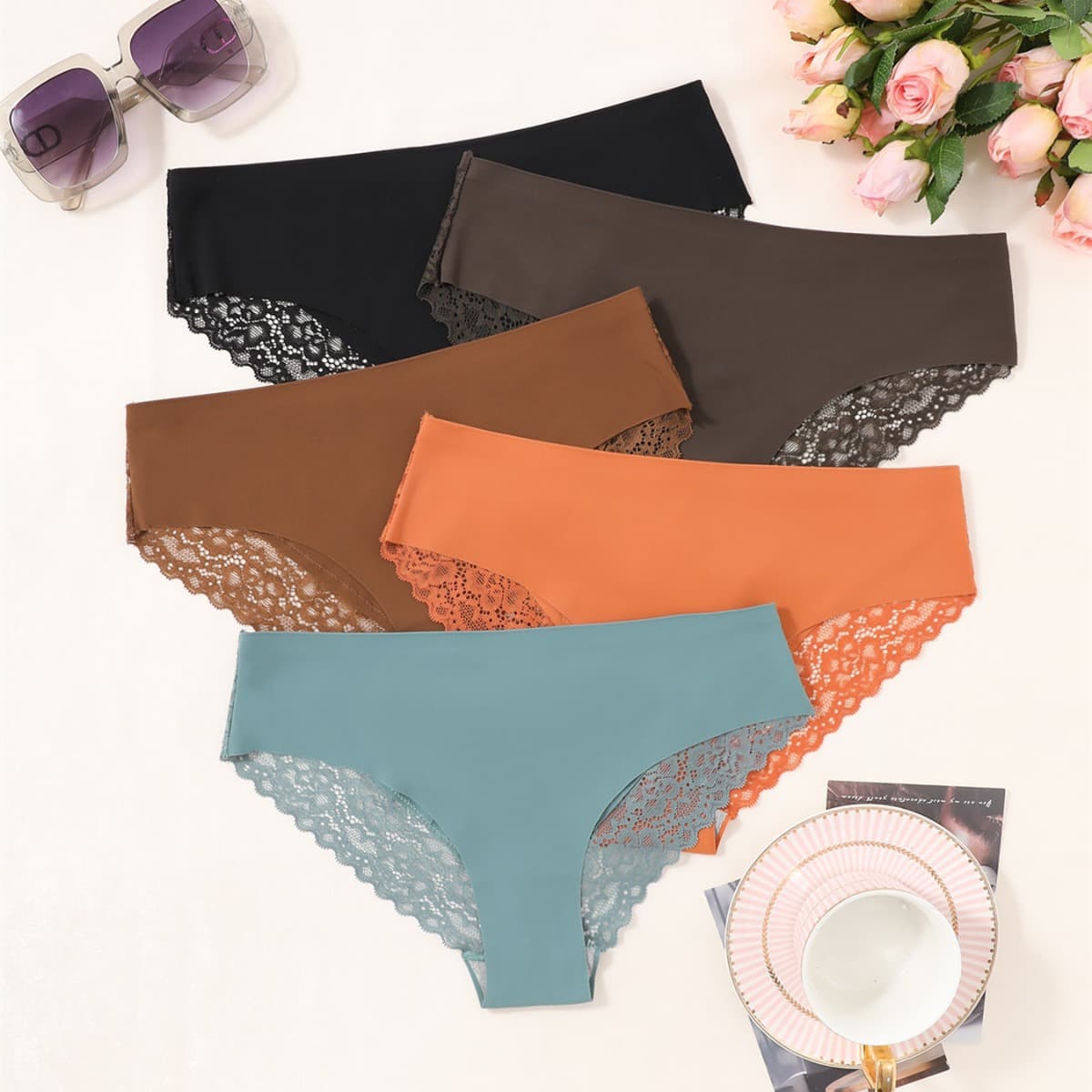 Seamless Lace Trim Cross-border Exclusive Plus-size Women's Comfortable Stretch Breathable Solid Color Panties