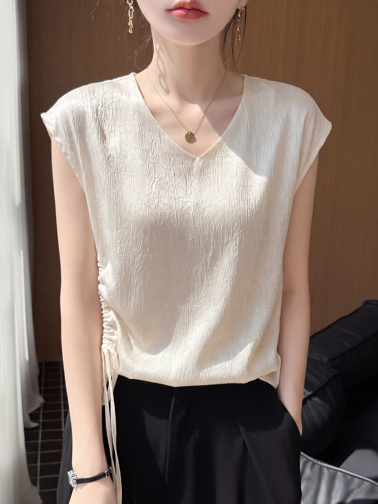 French Satin Silk-Like V-Neck Blouse for Women, Designed with Drawstring for a Slim Fit, Summer Thin Breathable Short Sleeve