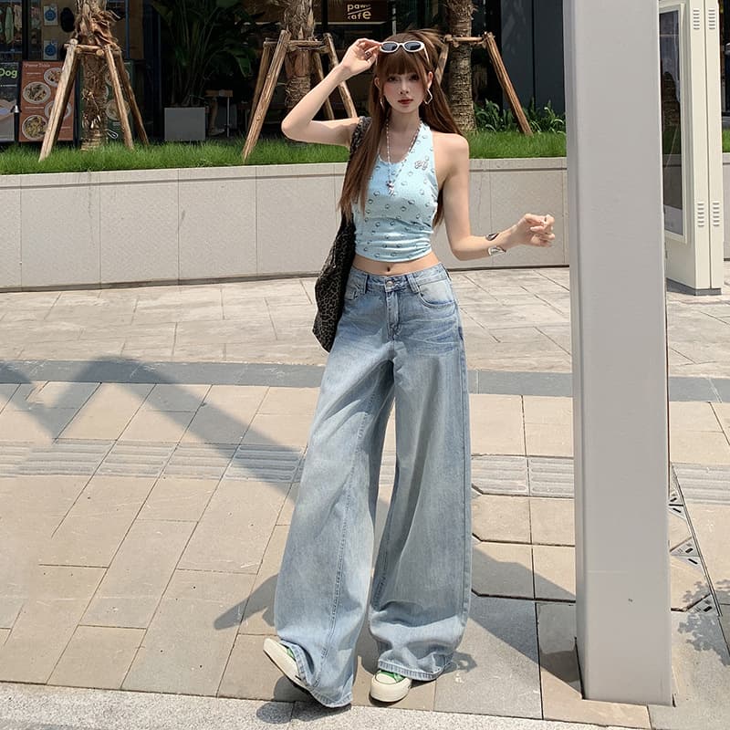 American Style Light Blue Straight-Leg Jeans for Women New Cracked Whisker Loose Wide-Leg Flowy Pants