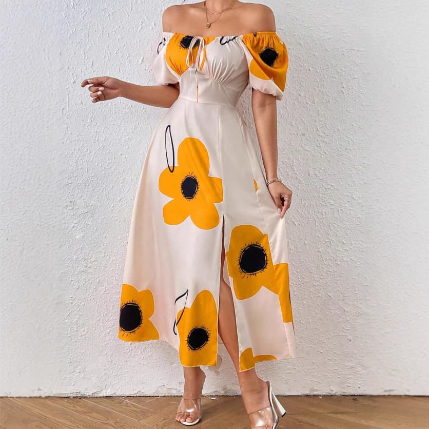 2025 new fashionable cross-border foreign trade spring and summer popular commuter printed one-shoulder short-sleeved dress