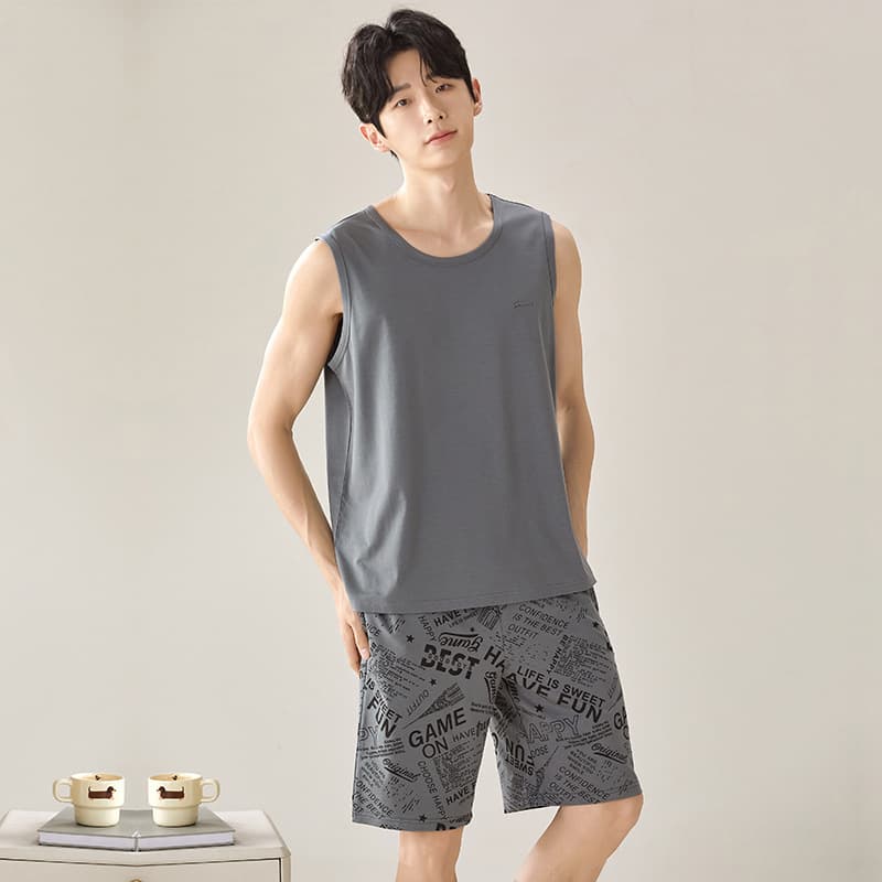 Summer One-Piece Pajama Set for Men - Modal Vest, Casual Solid Color Letter Shorts, Loose Plus Size Homewear
