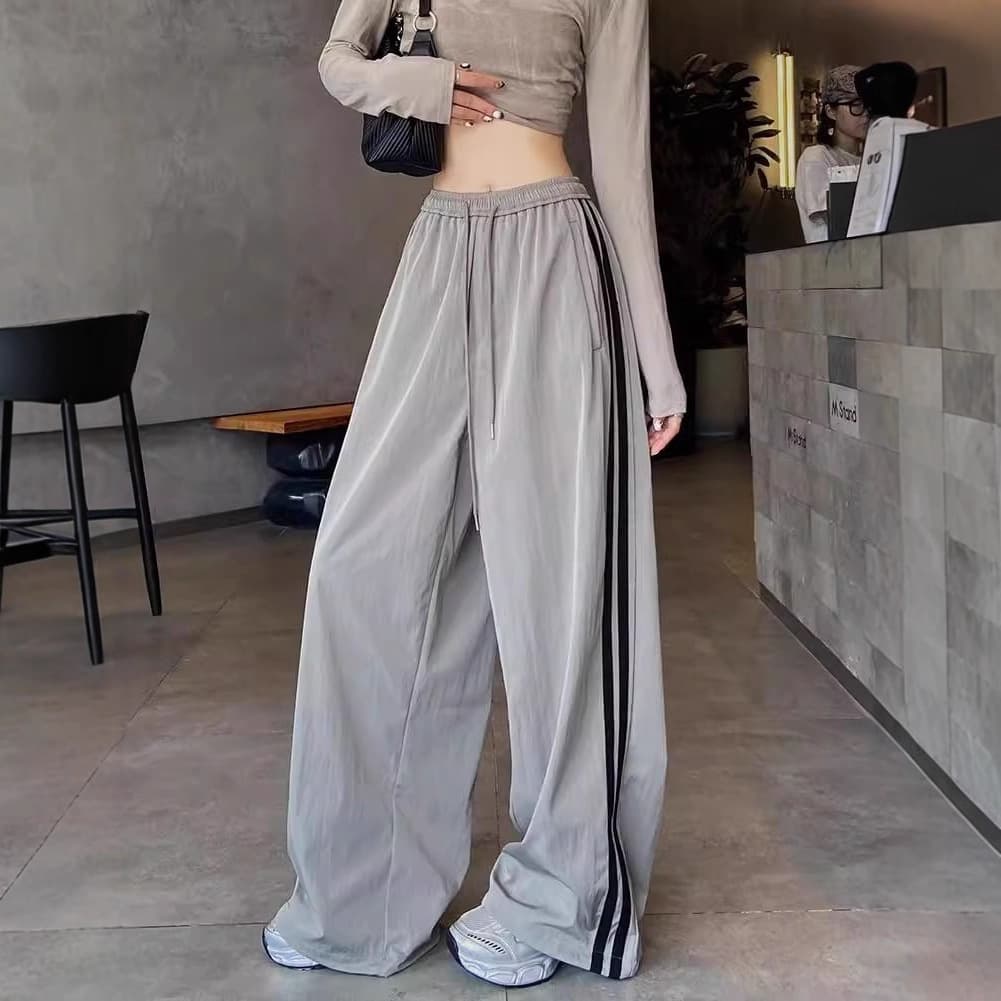 Cross-border Two-Stripe Wide-Leg Pants for Women New 2026 American-Style Patchwork Sports Streetwear Loose Casual Cargo Pants
