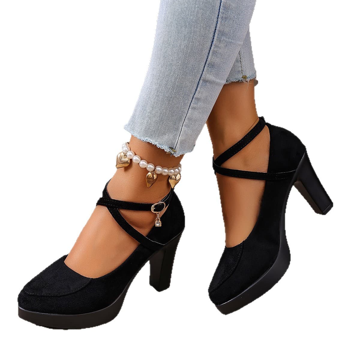 2026 Spring/Summer New Export Plus Size Women's Chunky Heel Velvet Pumps Cross Strap Platform Shallow Mouth Shoes