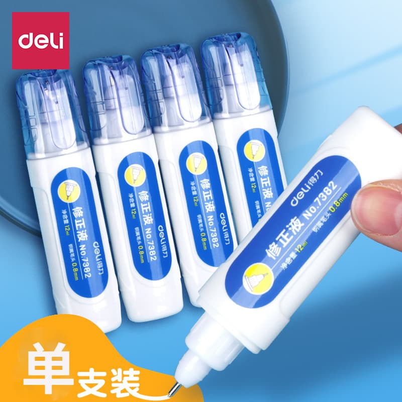 Deli Correction Fluid 7382, large capacity, student-grade correction fluid, erases writing, quick-drying.