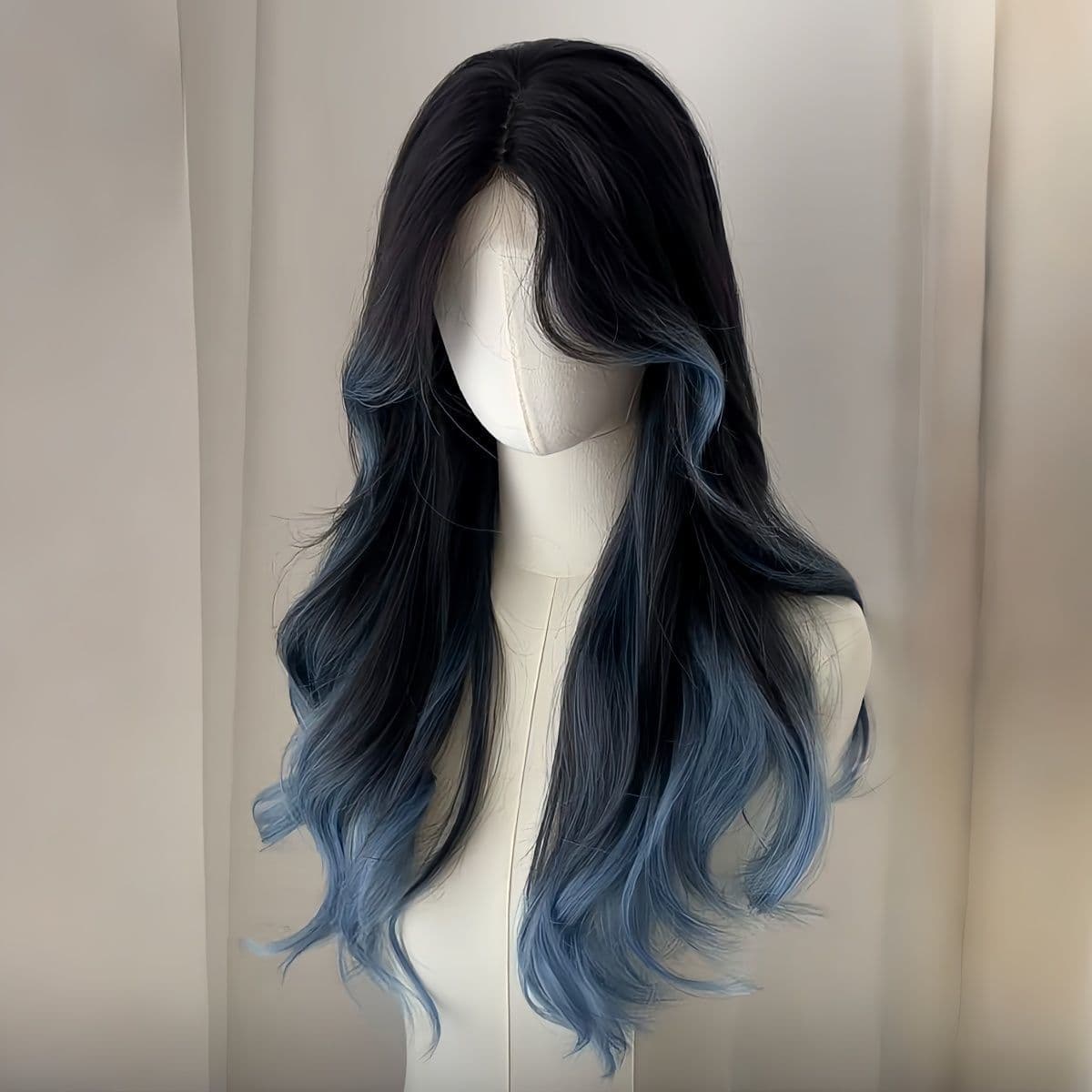 Women's Butterfly Blue Parisian Painted Gradient Long Curly Wig with Parted Bangs, New Style Full Head Wig