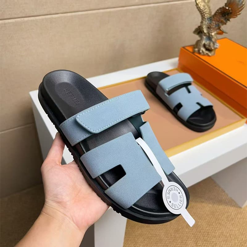 Erjiu Shoes Genuine Leather H-Type Hook-and-Loop One-Strap Old Money Style Summer Versatile Outdoor Casual Slides Summer Edition