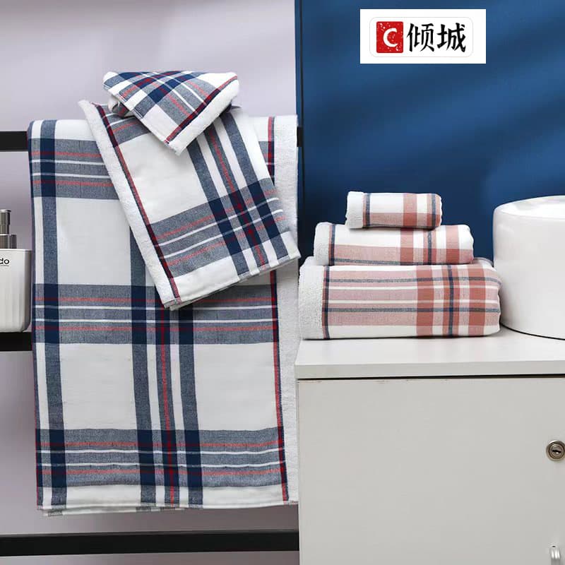 Double-layer fabric checkered all-cotton face towel, gauze pure cotton loop bath towel, soft absorbent adult bathing towel