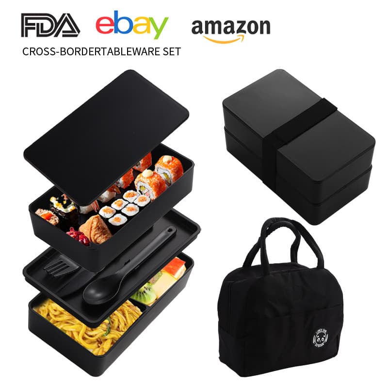 Cross-Border Japanese-Style Double-Layer Lunch Box with Cutlery, for Students and Office Workers, Fresh-Keeping Lunch Box, Custom Logo Available