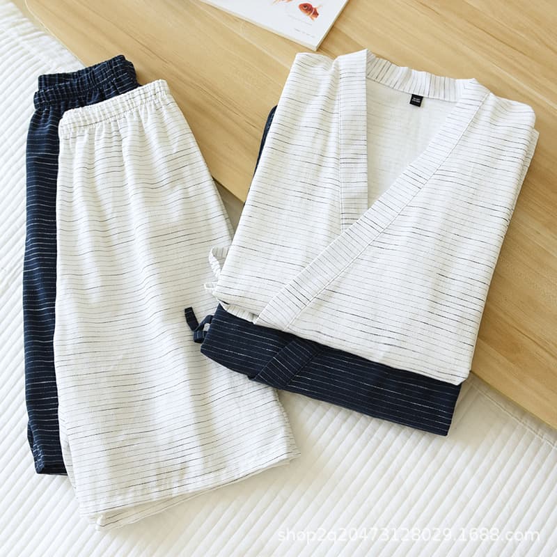 Japanese Kimono Pajamas for Men, Pure Cotton Jacquard, Loose Thin Short-Sleeved Shorts, Sweat-Steamed Homewear Set