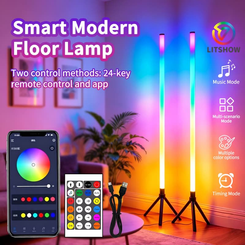 Cross-border Influencer RGB Floor Lamp, Bluetooth APP + Remote Dual Control, Vertical Tripod Stand Lamp for Bedroom Gaming Room