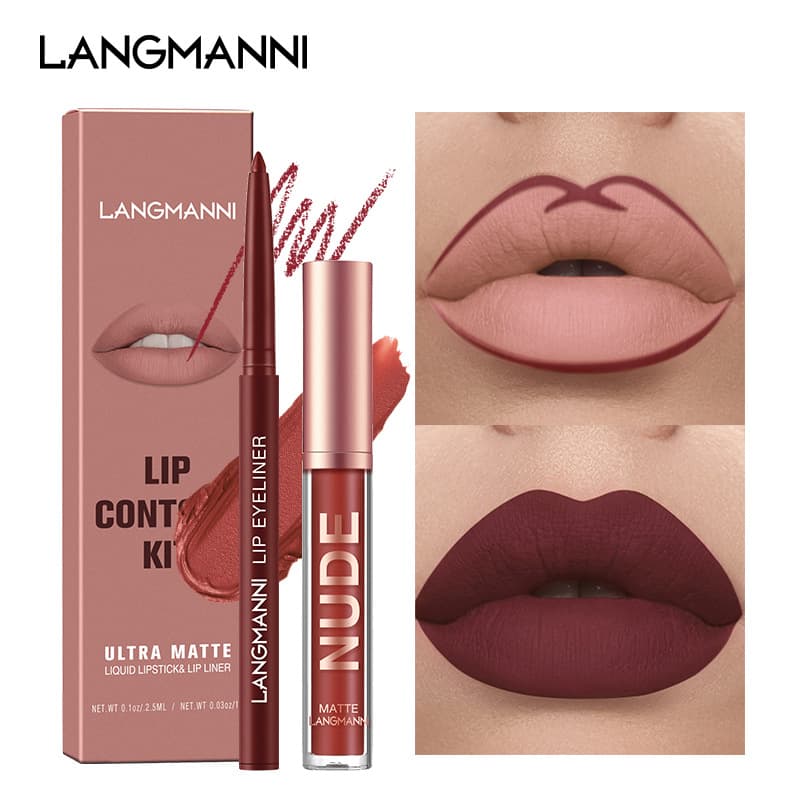 Langmanni 1+1 Cross-border Makeup Lip Gloss and Lip Liner Set (2 Pieces) - Non-stick Matte Lip Gloss Set