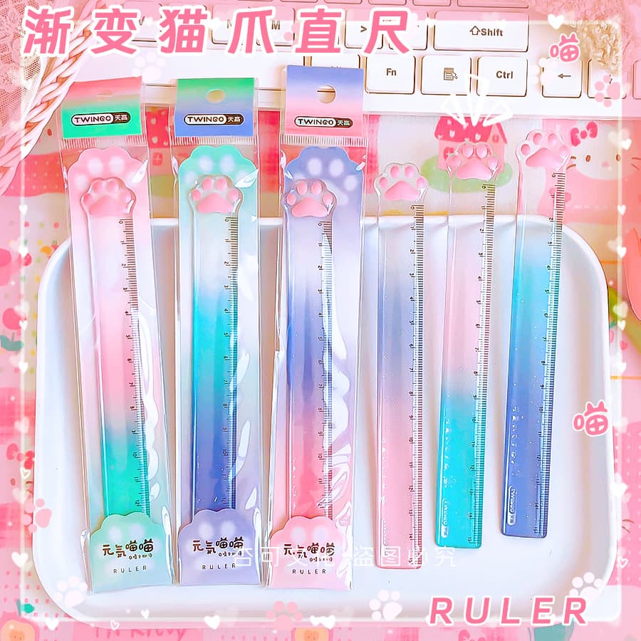 Tiango 0023 Cat Paw Pattern Ruler 15cm Cute Cat Ruler for Girls Primary School Student Measuring Drawing Ruler