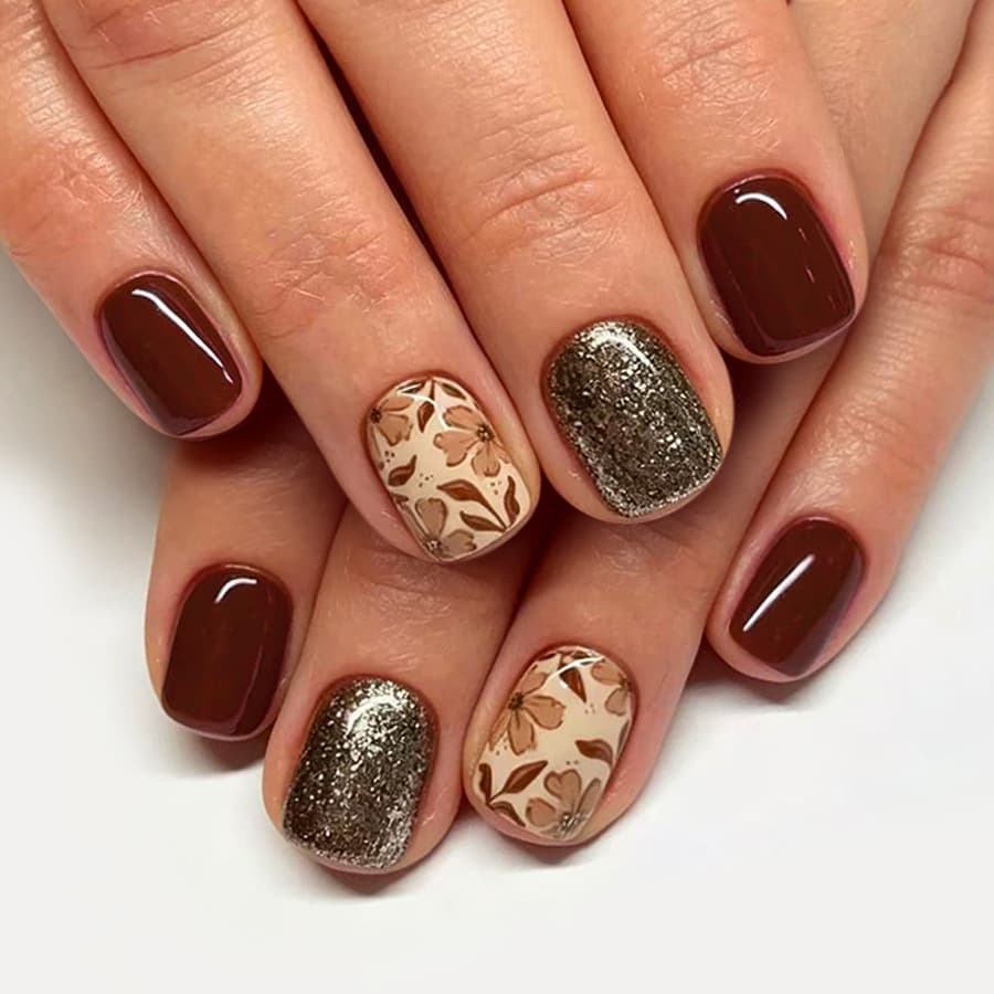 Short shiny small square nails European and American cross-border foreign trade autumn and winter style red brown flowers gentle glitter wearable nails 24 pieces