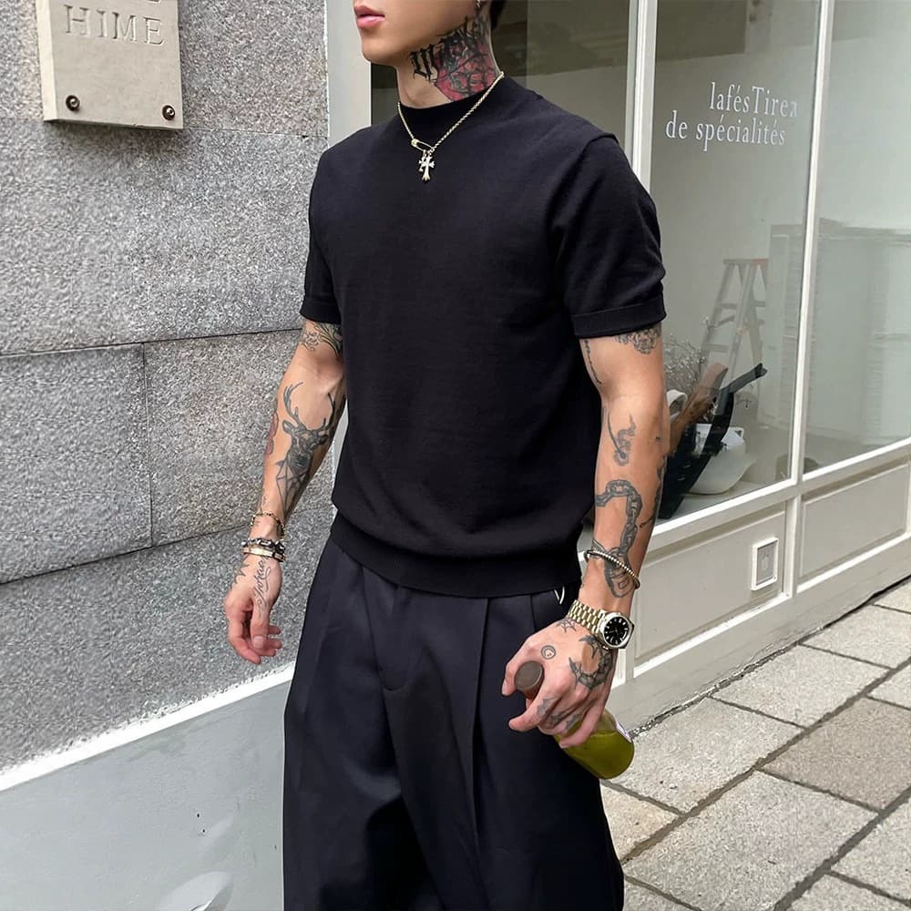 Popular solid color small neckline t-shirt men's slim stretch round neck right shoulder bottoming shirt simple short shirt casual top