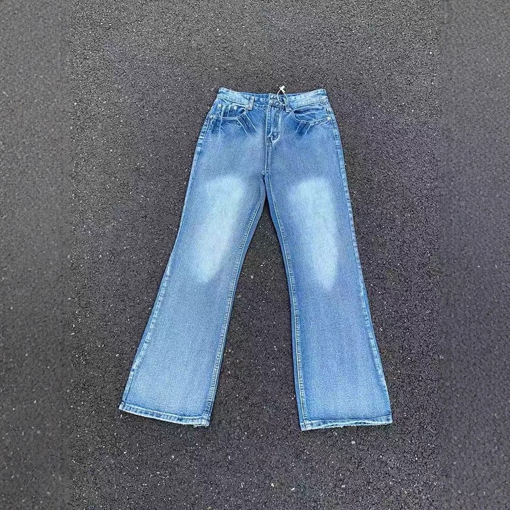 Paris FW23 Flared Lightning Pattern Ice Blue Destroyed Wash Micro Flare Cleanfit Bootcut Jeans for Men