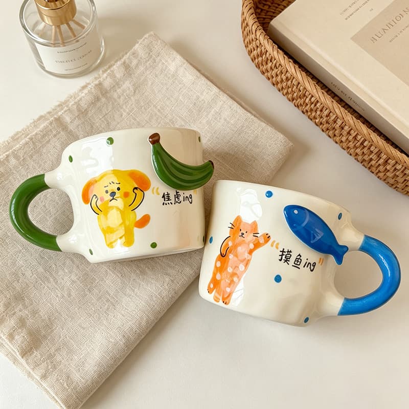 Korean-Style Hand-Painted 3D Applique Cat and Dog Mug, Fun Slacking Off Anxiety Ceramic Cup, Gift Pair Cup Wholesale
