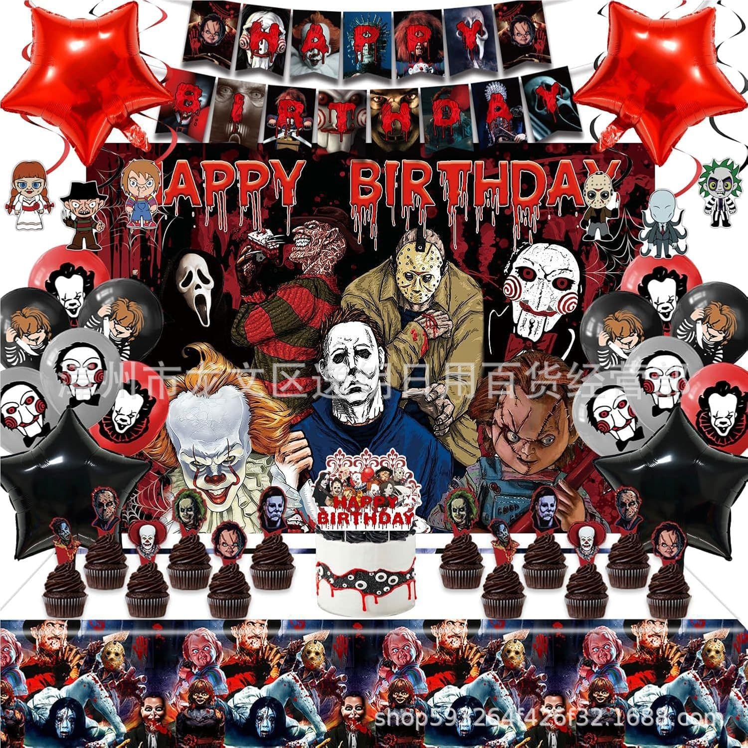 Horror Birthday Party Decorations, Halloween Birthday Banner, Tablecloth Backdrop, Spiral Hanging Card Balloon Set