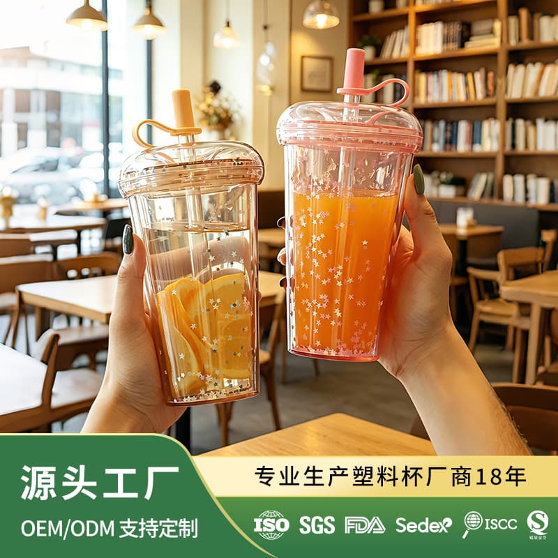 Student Portable Cup, Trendy Viral Ins Style Double-Layer Plastic Straw Cup for Office and Home Use