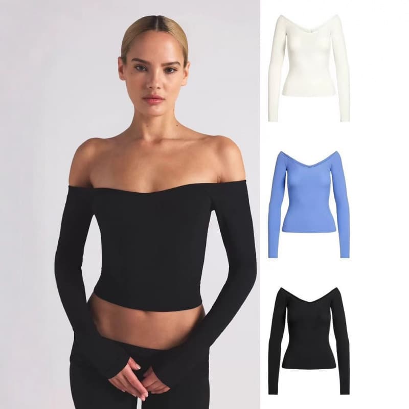 SKIMS SOFT LOUNGE OFF THE SHOULDER TOP Ribbed One-Shoulder Long-Sleeve T-Shirt
