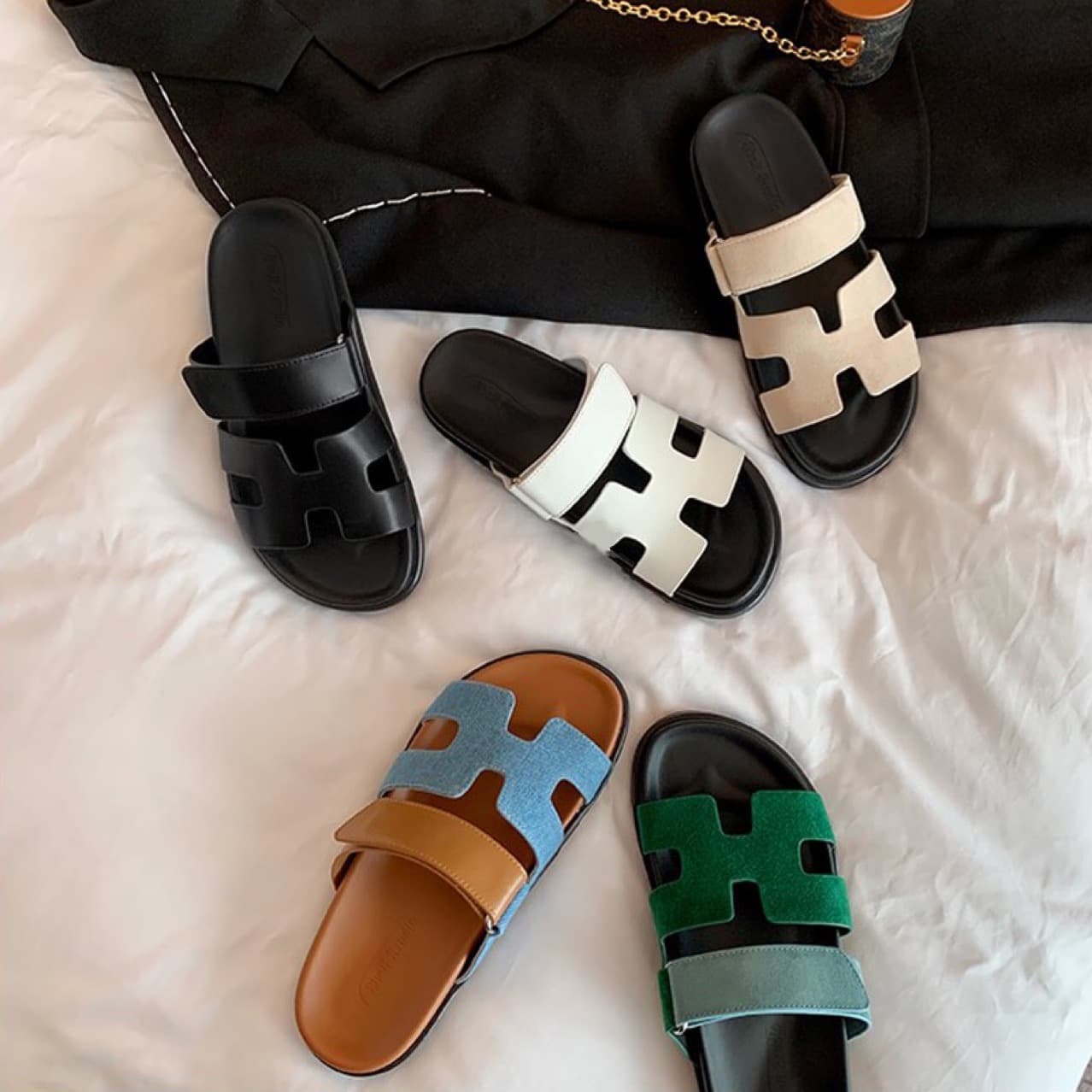2025 Spring/Summer New H-Slides Thick Sole Flat Fashionable Casual Beach Outdoor H-Sandals