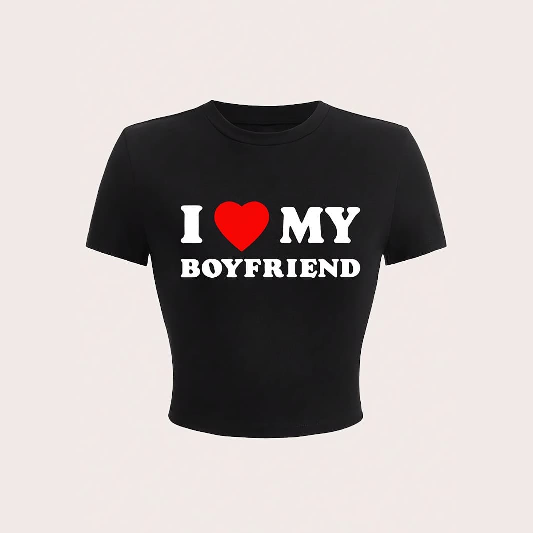 I Love My Boyfriend" Printed T-Shirt Trendy Navel-Baring Design Color Versatile Cross-Border Customization