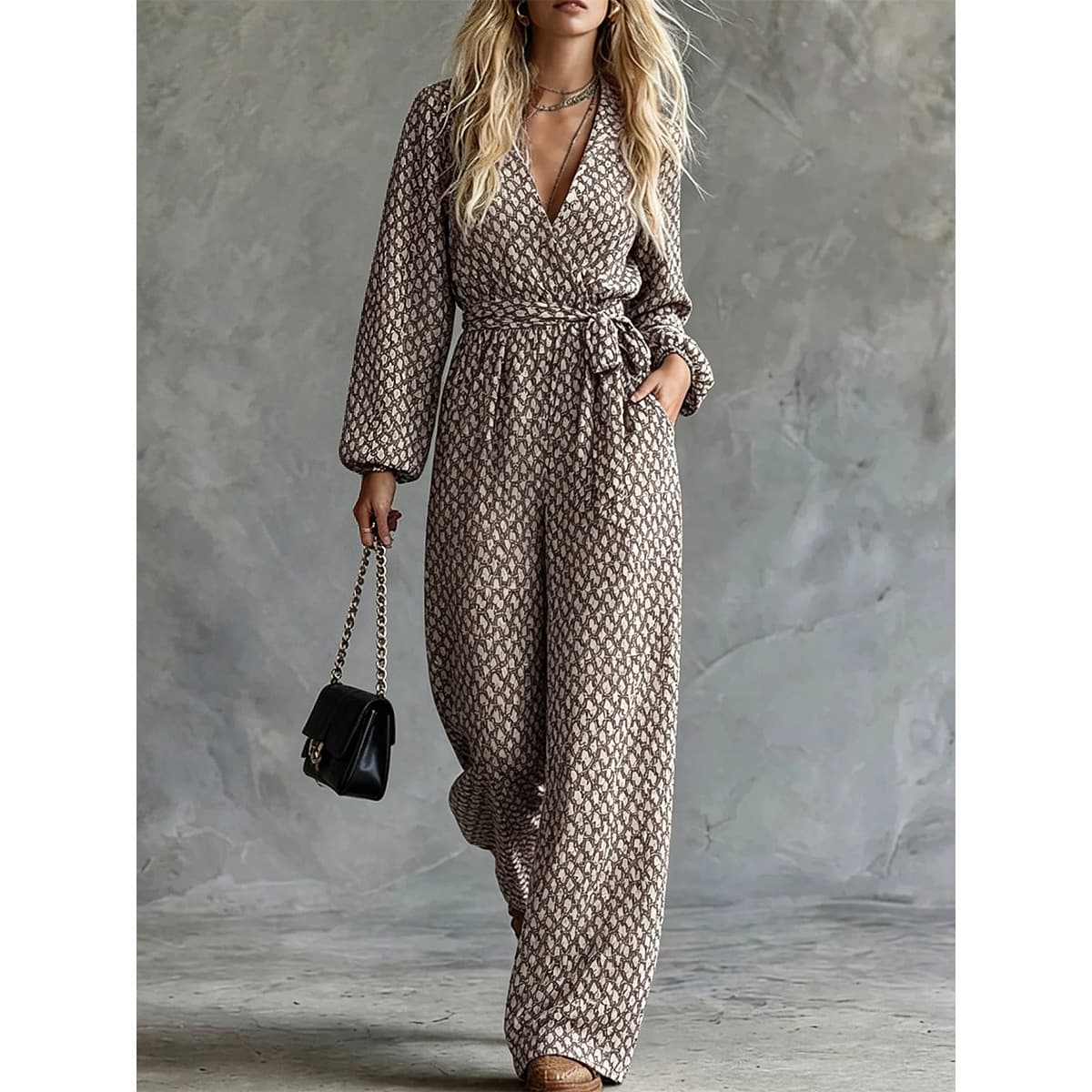 Aliexpress New Style Jumpsuit with Full Print V-Neck, Waist-Tie, Long Sleeves, Wide-Leg, Casual and Stylish Jumpsuit