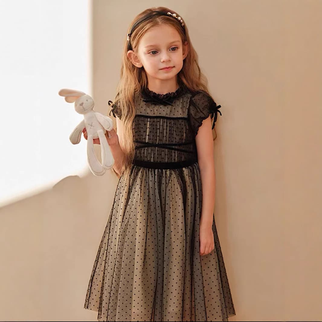 Children's Formal Dress Black Hepburn Style Elegant Princess Dress for Stage Violin Piano Performance Hosting Summer