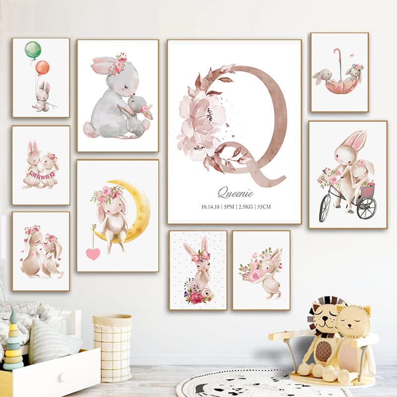 Amazon Bestseller: Custom Name Bunny Girl English Name Canvas Decorative Painting for Bedroom and Living Room