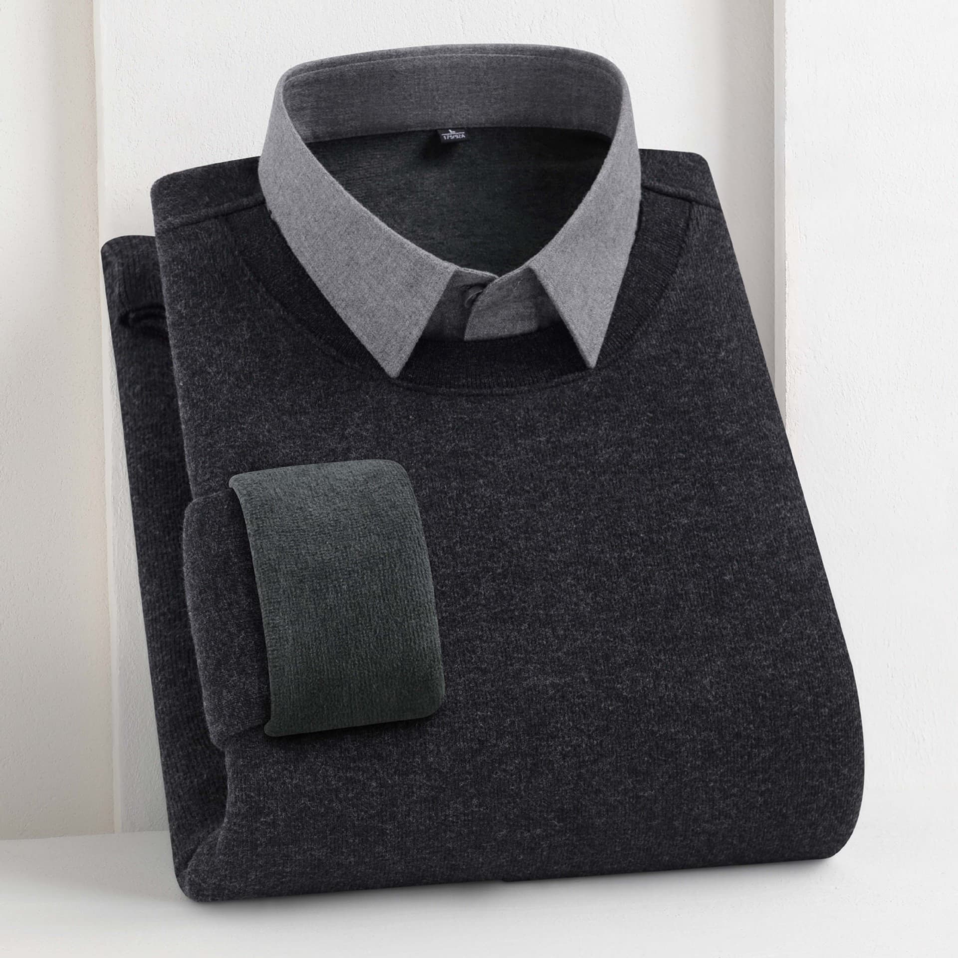 [Wool + Silk] Autumn/Winter Men's Fleece-Lined Thickened Two-in-One Warm Knitwear, Shirt Collar Pullover Sweater
