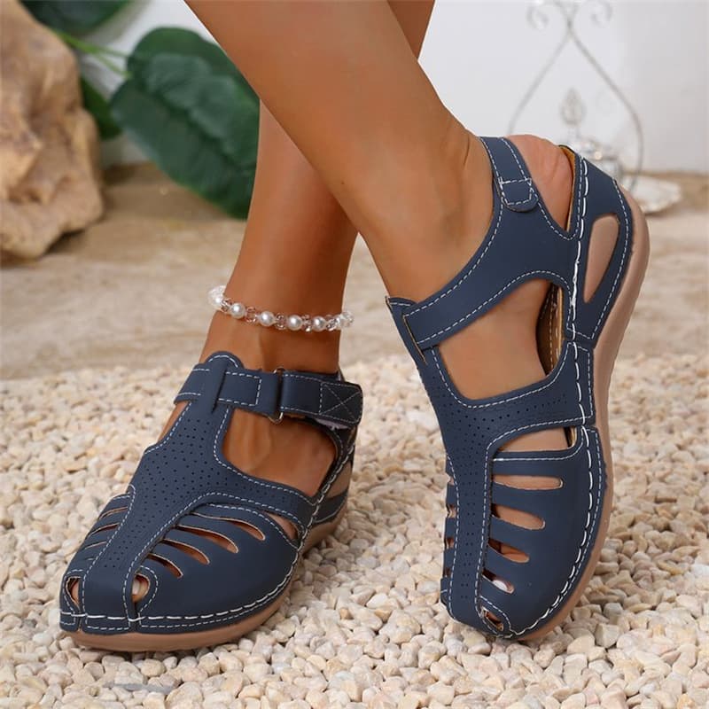 2025 Cross-Border New Large Size Women's Sandals Closed Toe Cut Out One-Line Wedge Heel Roman Style Sandals for Women