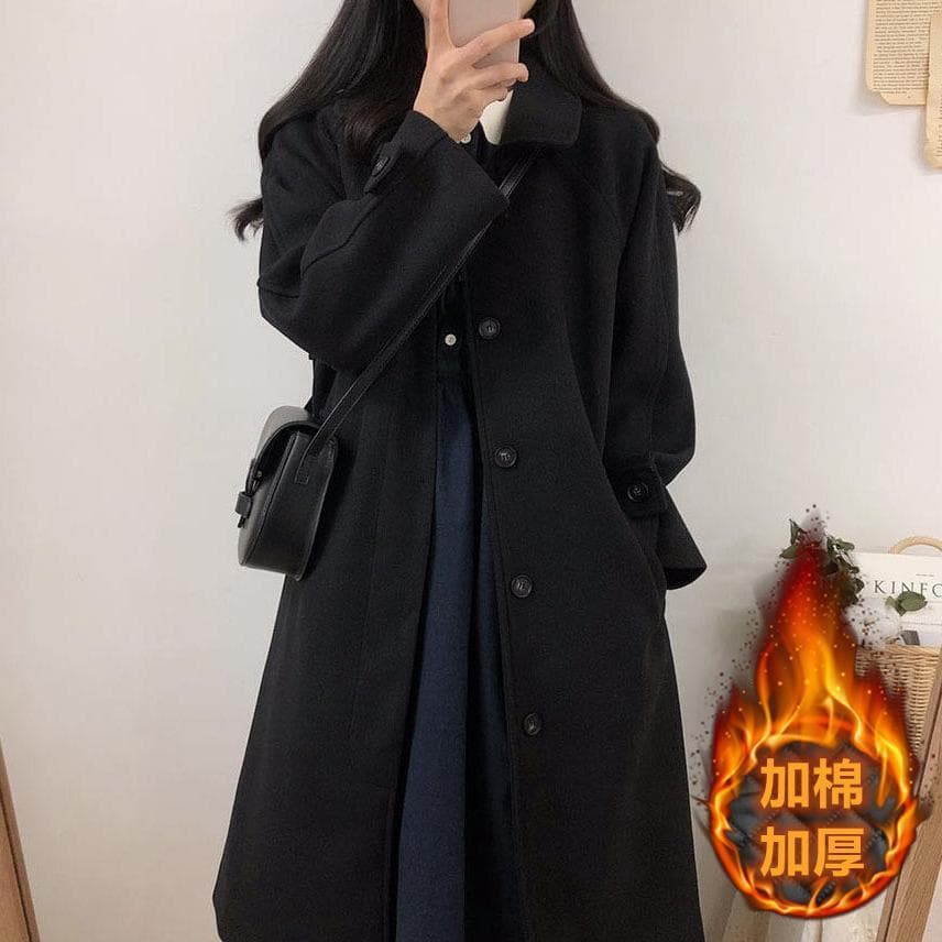 Women's mid-length wool coat, new autumn and winter style, Korean style, loose fit, slimming, unique, thick, over-the-knee wool coat, trendy.