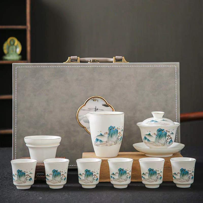 Mutton Fat Jade Porcelain Kung Fu Tea Set, Dehua White Porcelain Lid Bowl, Business Chinese Style High-end Company Annual Meeting Festival Gift